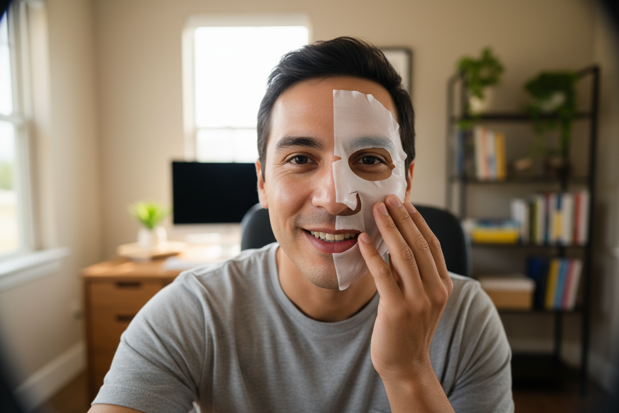 ein ugc creator ein man setzt seine bio collagen maske auf, er sitzt in seinem büro und spricht während dessen in die kamera seines iphones, man sieht ihn selbst, das iphone filmt und man sieht das iphone nicht auf dem bild, es sollte so natürlich wie möglich aussehen und autehntisch für maximal kundenvertrauen 