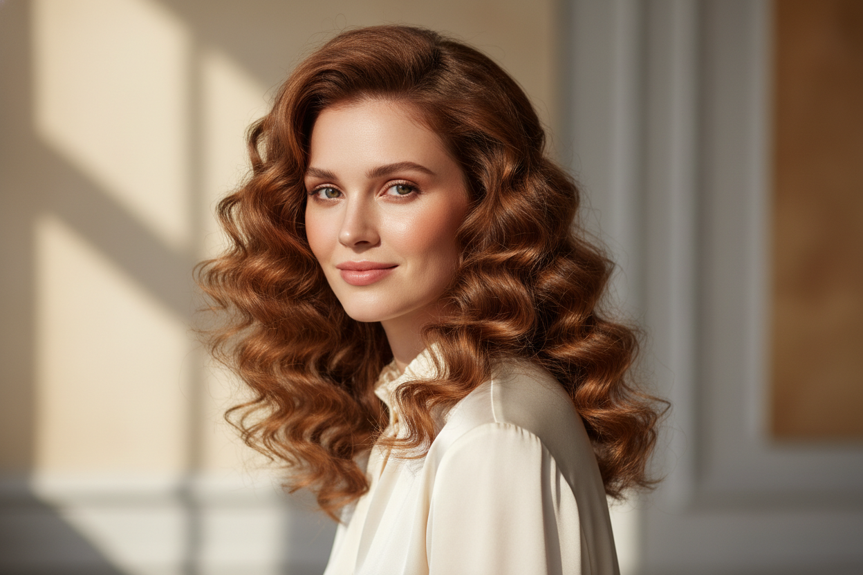 eine frau die ihre Haare gestylt hat mit locken 