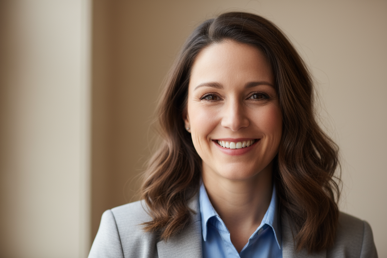 erstelle ein zuftriedene kundin die maximal authentisch und vertrauenswürdig aussieht 