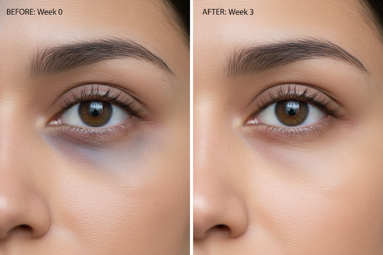 generiere ein bild von einer kundin die augenringe hat, behandlung nach drei woche, nur die augen zeigen