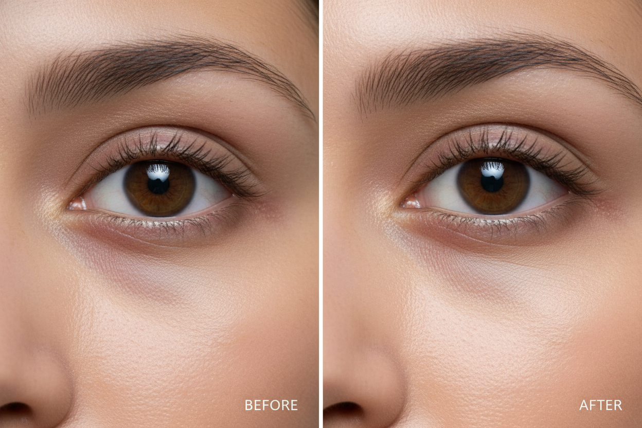 generiere ein bild von einer kundin die augenringe hat, behandlung nach einer woch, nur die augen zeigen