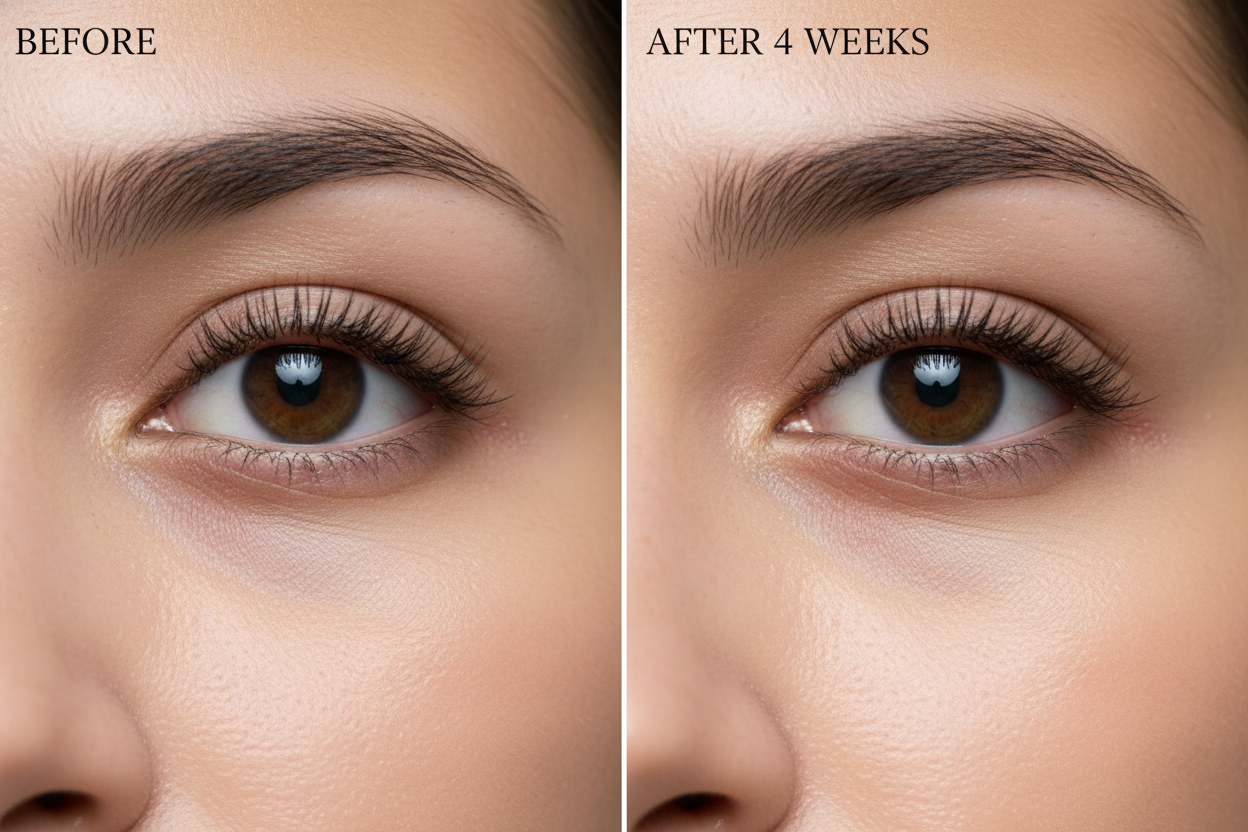 generiere ein bild von einer kundin die augenringe hat, behandlung nach vier wochen, nur die augen zeigen