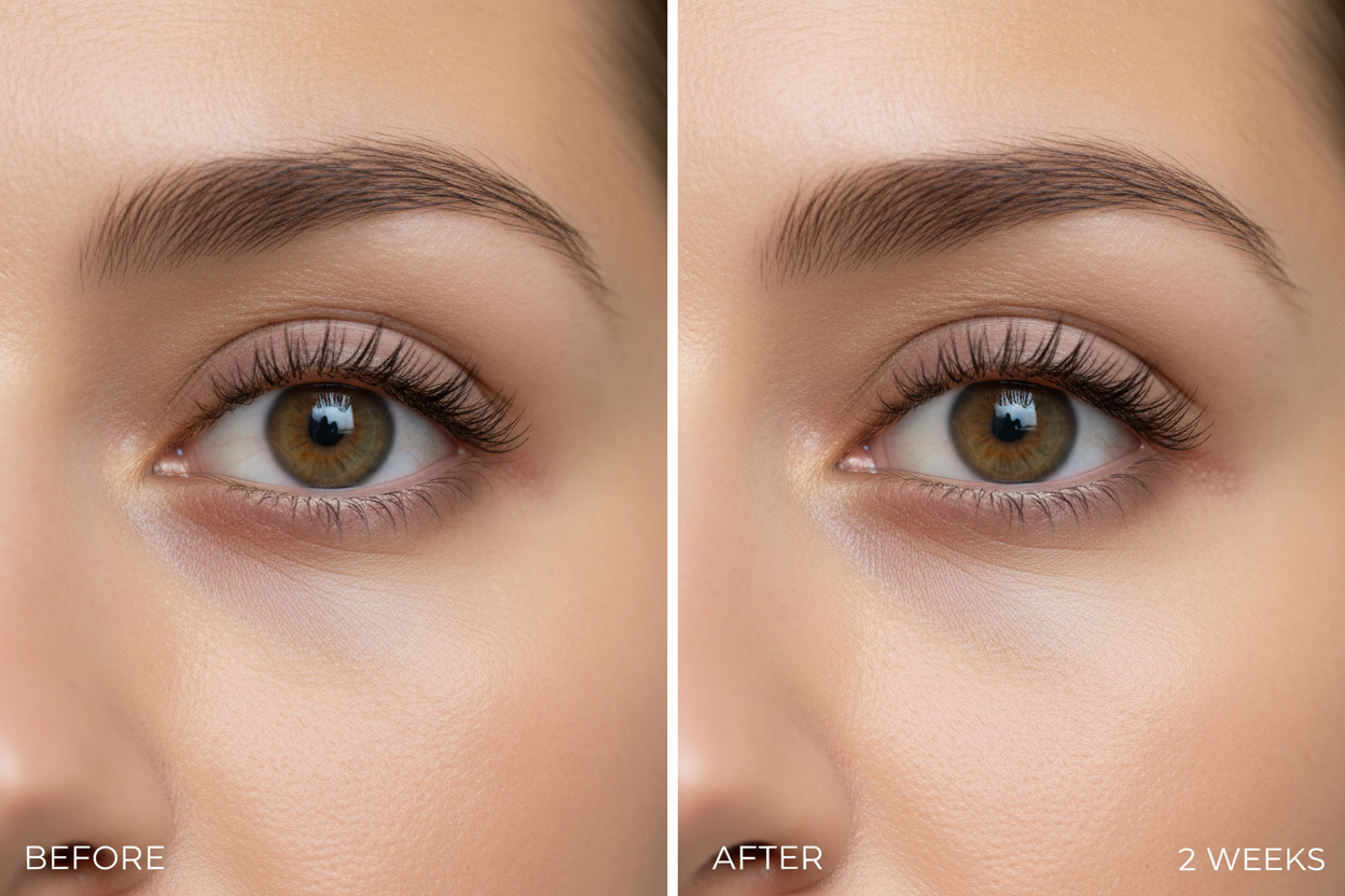 generiere ein bild von einer kundin die augenringe hat, behandlung nach zwei wochen, nur die augen zeigen